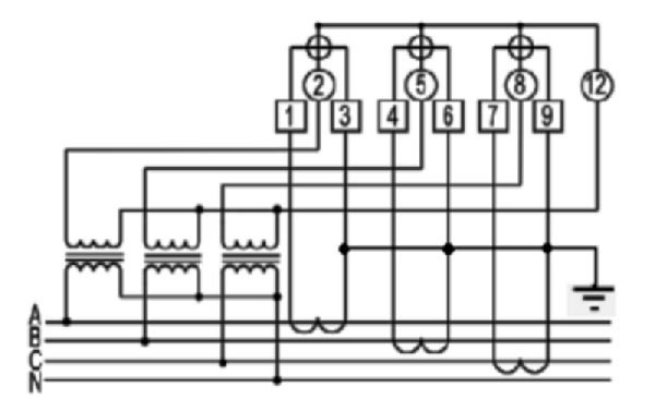 Hình 1: Sơ đồ đấu nối công tơ điện tử 3 pha 4 dây 3 biểu giá gián tiếp kiểu ME-41 5(10)A với 3PT và 3CT Gelex Emic