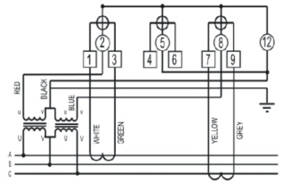 Hình 3: Sơ đồ đấu nối công tơ điện tử 3 pha 4 dây 3 biểu giá gián tiếp kiểu ME-41 5(10)A với kiểu 3 pha 3 dây Gelex Emic